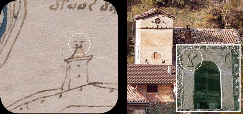 Dettaglio mappa Voynich e corrispondenza a Rocca di Montemonaco (AP), Monti Sibillini